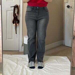 grey high-waisted straight-leg denim jeans